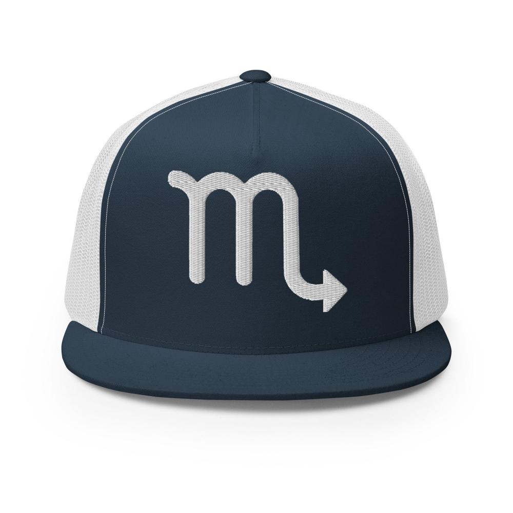 Scorpio Zodiac Embroidered Flat Bill Trucker Hat - Navy/White Color - https://ascensionemporium.net